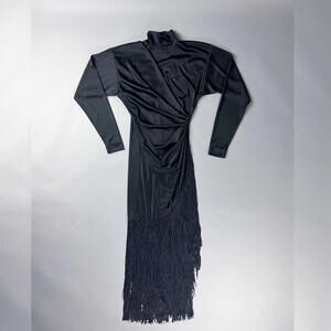 Vintage 70's Party Dress, Black Long Sleeve Maxi Dress with Fringe